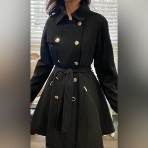 Ivanka Trump Black Long-Sleeve Belted Trench Dress with Gold Buttons